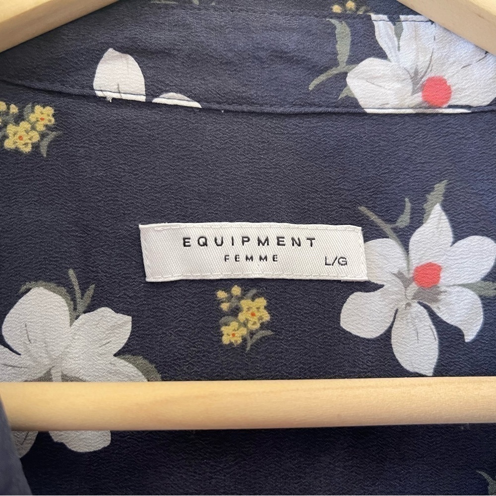 Equipment Dress Button Silk Floral Long Sleeves Casual Cottagecore Blue Large - Picture 7 of 10